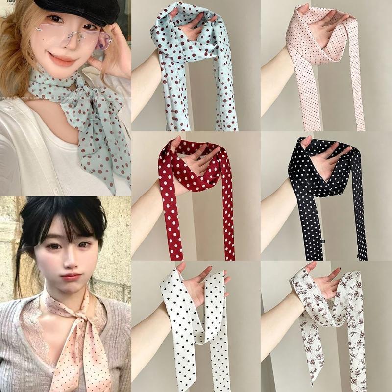 Silk Neck Scarf - Syal Sutra Motif Bunga Polka Dot,